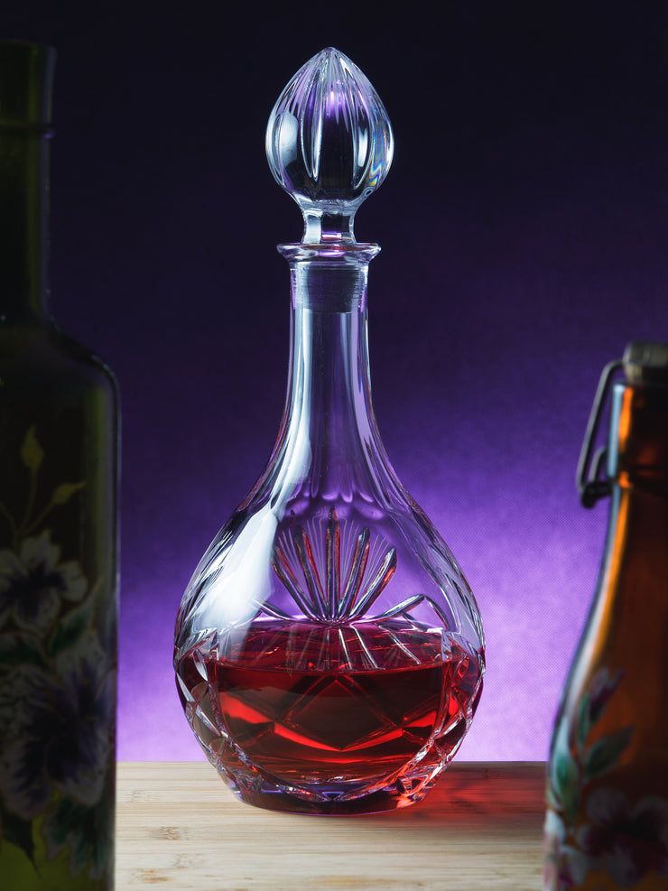 European Hand Cut Crystal Wine Decanter W/ Blank Panel For Engraving