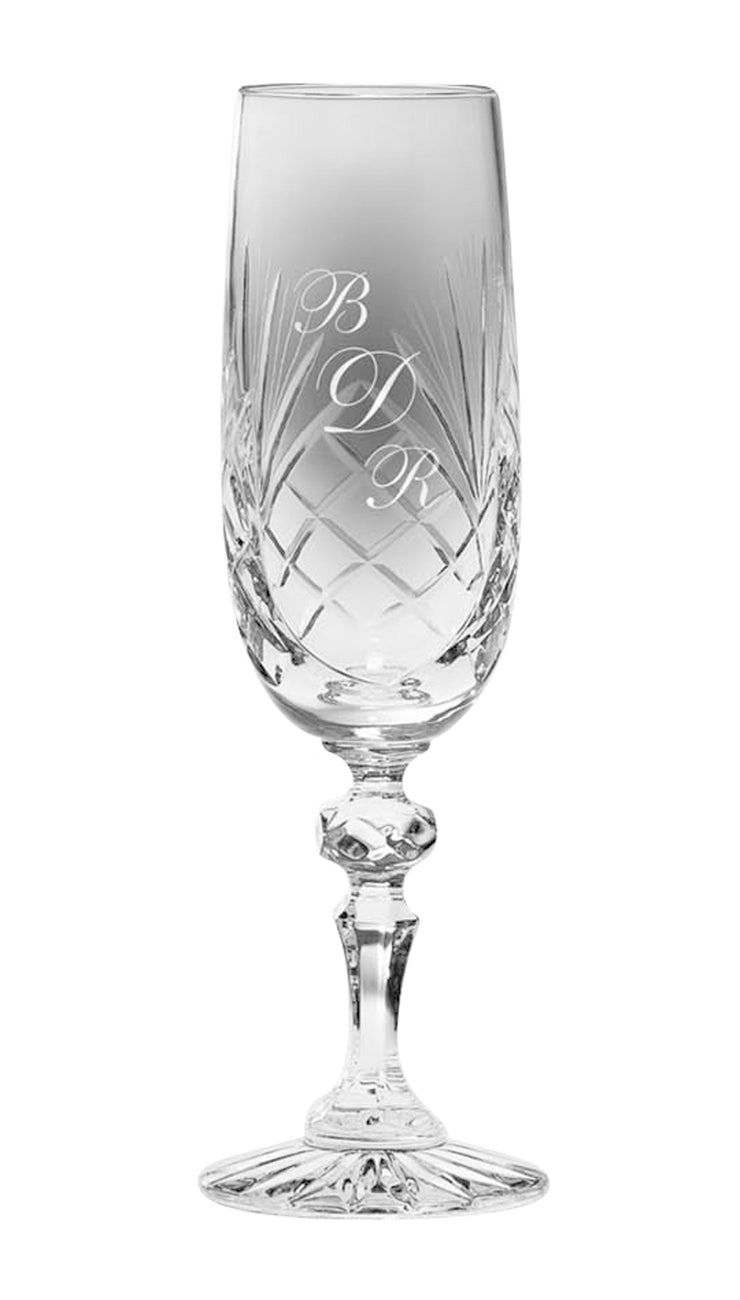 European Hand Cut Crystal Wedding Champagne Flute Glasses W/ Blank Panel For Engraving  - 6 oz, Set of 6