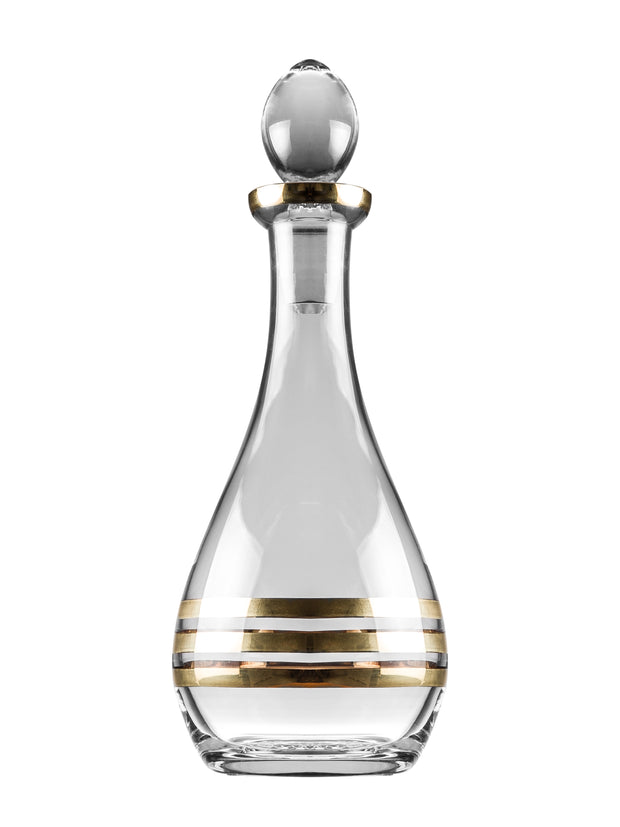 European Crystal Glass Wine Decanter w/ Stopper - Carafe -for Red - White - Wine - Striped Gold Designed -48 Oz.