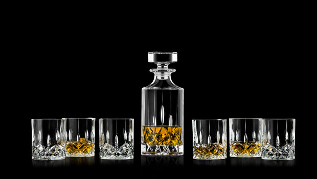 Whiskey Decanter and Glass 7 pc Set - Lead Free Crystal - 25 oz. Square Decanter with 6 - 10 oz. Double Old Fashioned Tumblers-  Made in Europe