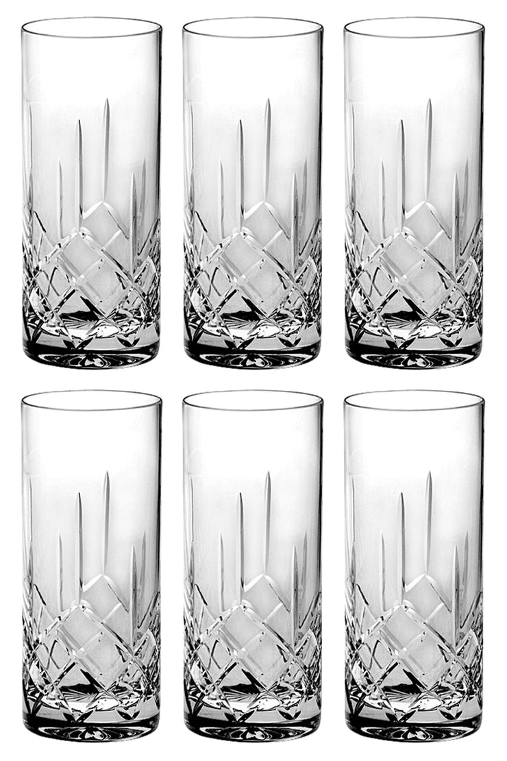 European Hand Cut Crystal Highball Tumbler- Set of 6 - Drinking Tumblers -for Water, Juice, Wine, Beer & Cocktails-13 oz.