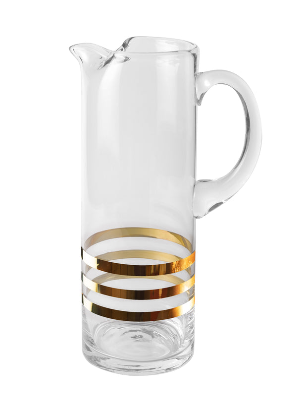 European Glass Pitcher with handle Straight Sided , Handmade , With Spout , Three Gold Horizontal Stripes- Ice Lip , 50 oz. 11" Height