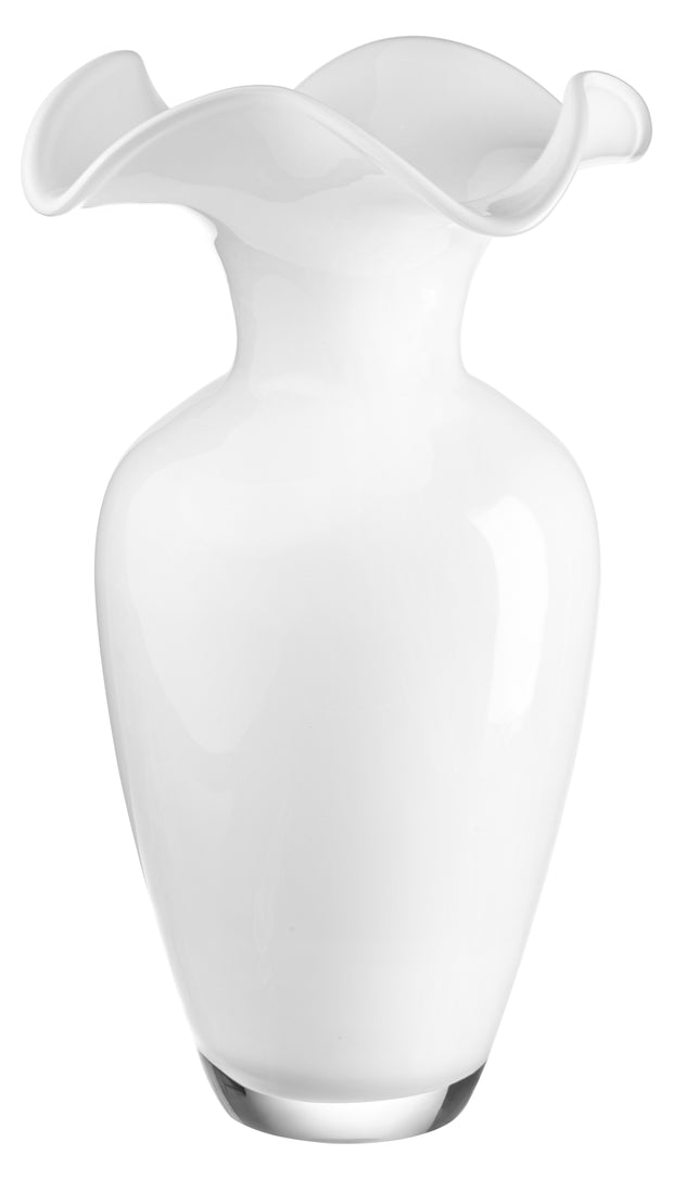 European Lead Free Crystalline Opal / White Vase W/ Flair Top - 13.5" Height