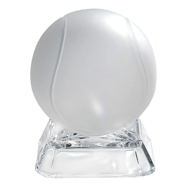 European Lead Free Crystalline Desk / Tabletop Paperweight - Frosted Etched Tennis Ball on Clear Square Base
