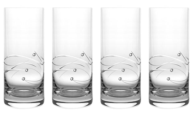 European Handmade Crystalline Glass Highball Glasses - Decorated with Real Swarovski Diamonds - 14 oz., Set of 4