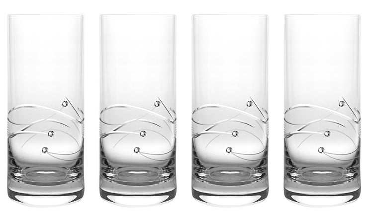 European Handmade Crystalline Glass Highball Glasses - Decorated with Real Swarovski Diamonds - 14 oz., Set of 4